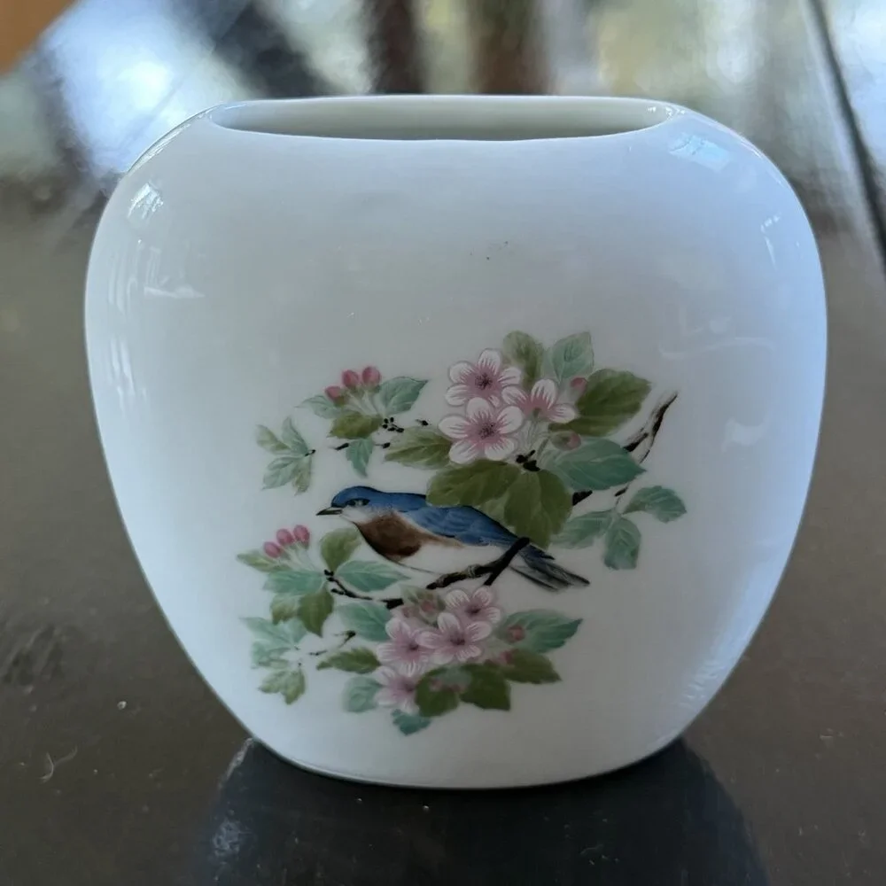 Vintage Takahashi Japan Meadow San Francisco Floral Vase Blue Bird‎ Gift Garden